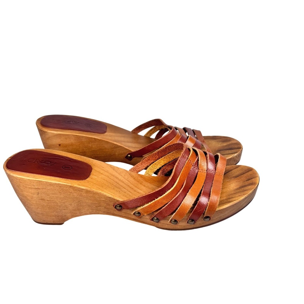 J Crew Sandals Strappy Wedge Brown Leather Wood Clog Slides Boho 70s Earthy Sz 6